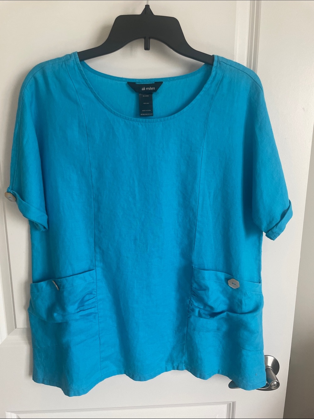 Ali Miles Turquoise Short Sleeve Linen Pocket Tunic